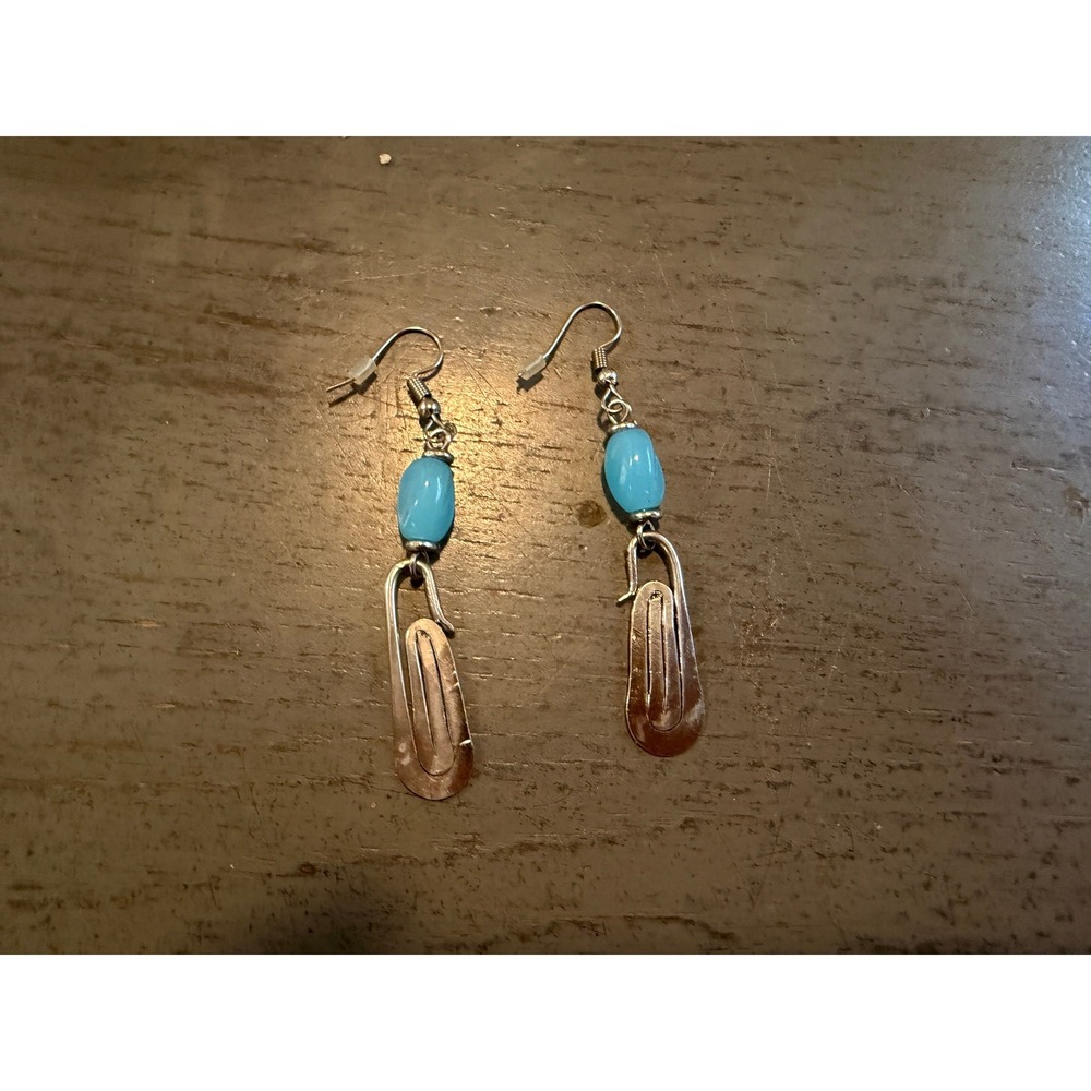 Handmade Turquoise Blue Bead Paperclip Drop Earrings Silver Tone Artisan Dangle